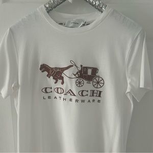 Coach embroidered tee shirt. White with brown logo featuring Rexy. Size Medium